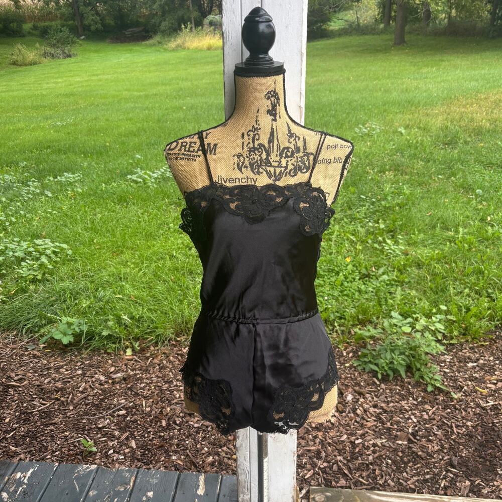 Vintage 80s 90s Chance Encounters Satin Lace Teddy Bodysuit Black